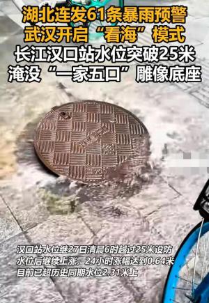 武汉江滩一家五口”雕塑“三孩”被淹没，救援队巡逻劝阻游客下水  第4张