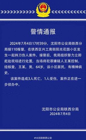 沈阳警方：一小区发生持刀伤人案件致3人死亡1人受伤，犯罪嫌疑人有精神病史