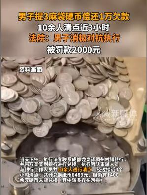 男子提三麻袋硬币偿还一万欠款被罚2000元 ，网友们炸锅了！